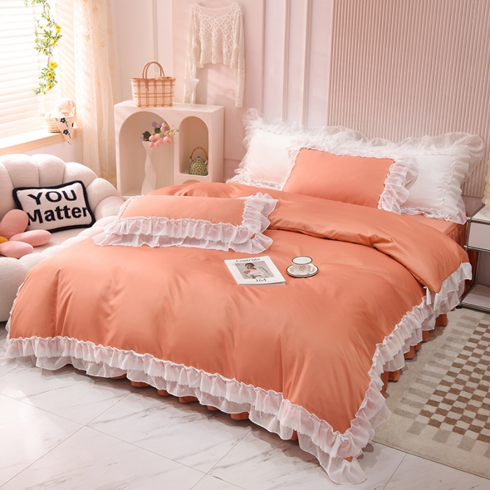 91家纺网 家纺一手货源 找家纺 艾米家居 2025新款韩版水洗真丝四件套-淡雅-橘色