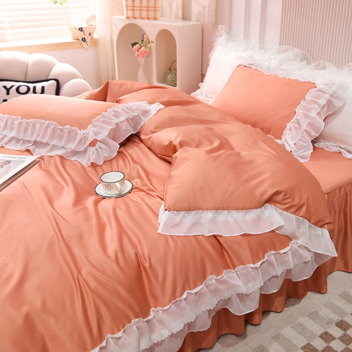 91家纺网 家纺一手货源 找家纺 艾米家居 2025新款韩版水洗真丝四件套-淡雅-橘色