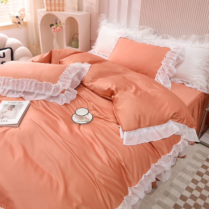 91家纺网 家纺一手货源 找家纺 艾米家居 2025新款韩版水洗真丝四件套-淡雅-橘色