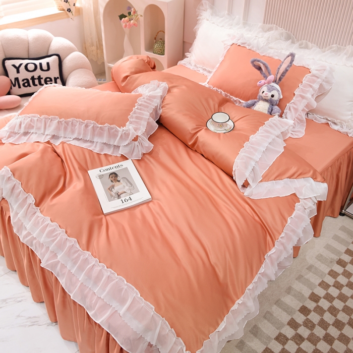 91家纺网 家纺一手货源 找家纺 艾米家居 2025新款韩版水洗真丝四件套-淡雅-橘色