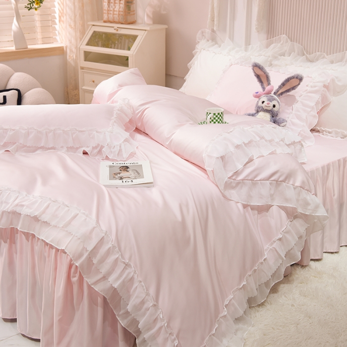 91家纺网 家纺一手货源 找家纺 艾米家居 2025新款韩版水洗真丝四件套-淡雅-蜜桃粉