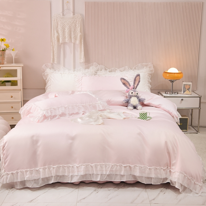 91家纺网 家纺一手货源 找家纺 艾米家居 2025新款韩版水洗真丝四件套-淡雅-蜜桃粉