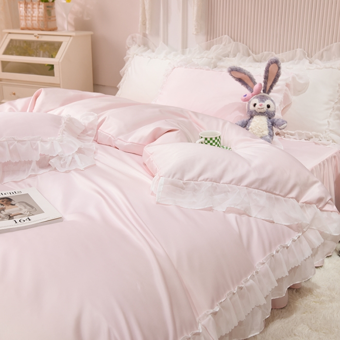 91家纺网 家纺一手货源 找家纺 艾米家居 2025新款韩版水洗真丝四件套-淡雅-蜜桃粉