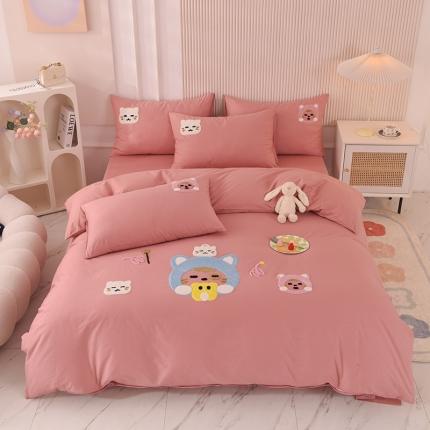 91家纺网 家纺一手货源 找家纺 绒世界 2022新款全棉纯棉绣花四件套 萌小狸-豆沙