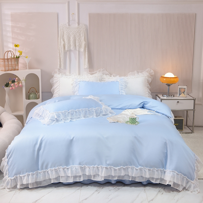 91家纺网 家纺一手货源 找家纺 艾米家居 2025新款韩版水洗真丝四件套-淡雅-天蓝