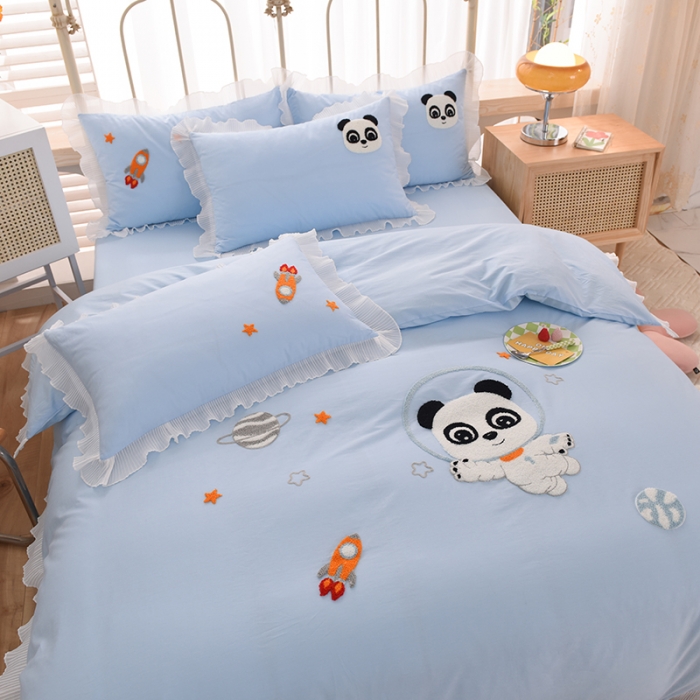 91家纺网 家纺一手货源 找家纺 绒世界 2022新款全棉纯棉绣花四件套 星际宝贝-蔚蓝