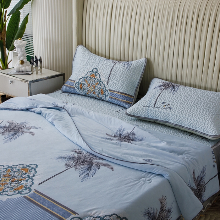 91家纺网 家纺一手货源 找家纺 纽缦 2022新款凉感丝乳胶凉席花卉夏被床裙四件套 海岛风情