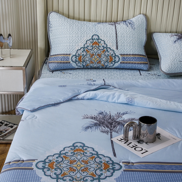 91家纺网 家纺一手货源 找家纺 纽缦 2022新款凉感丝乳胶凉席花卉夏被床裙四件套 海岛风情