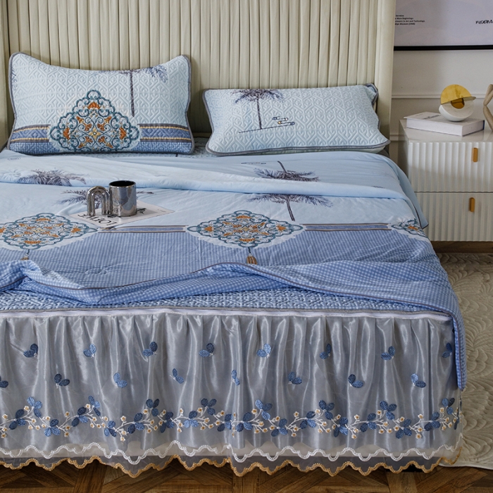 91家纺网 家纺一手货源 找家纺 纽缦 2022新款凉感丝乳胶凉席花卉夏被床裙四件套 海岛风情