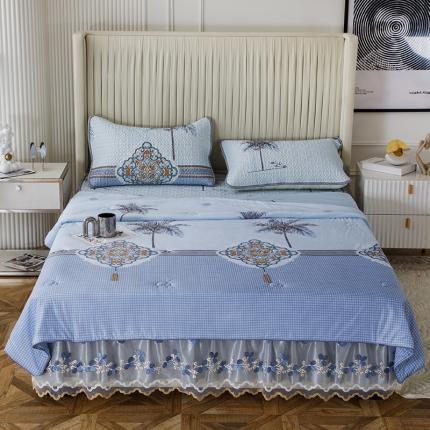 91家纺网 家纺一手货源 找家纺 纽缦 2022新款凉感丝乳胶凉席花卉夏被床裙四件套 海岛风情