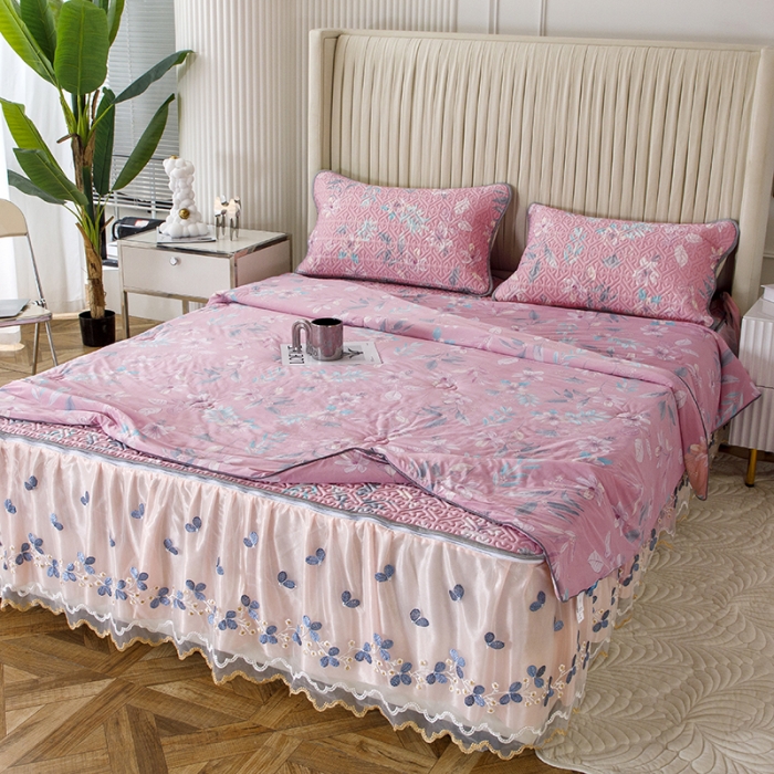 91家纺网 家纺一手货源 找家纺 纽缦 2022新款乳胶凉席花卉夏被床裙四件套 花间柔梦-粉