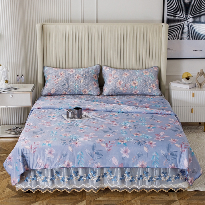 91家纺网 家纺一手货源 找家纺 纽缦 2022新款乳胶凉席花卉夏被床裙四件套 花间柔梦-兰