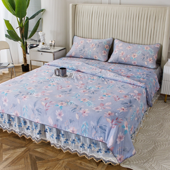 91家纺网 家纺一手货源 找家纺 纽缦 2022新款乳胶凉席花卉夏被床裙四件套 花间柔梦-兰