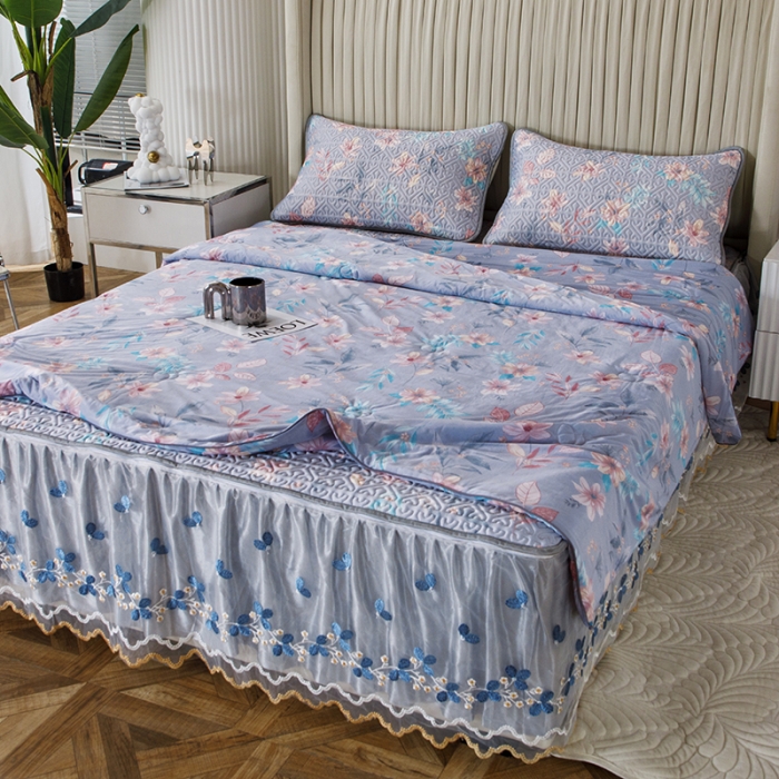 91家纺网 家纺一手货源 找家纺 纽缦 2022新款乳胶凉席花卉夏被床裙四件套 花间柔梦-兰