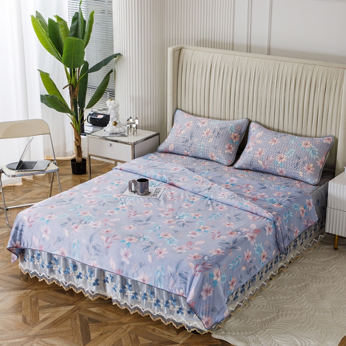 91家纺网 家纺一手货源 找家纺 纽缦 2022新款乳胶凉席花卉夏被床裙四件套 花间柔梦-兰