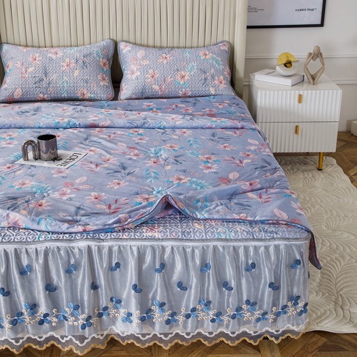 91家纺网 家纺一手货源 找家纺 纽缦 2022新款乳胶凉席花卉夏被床裙四件套 花间柔梦-兰