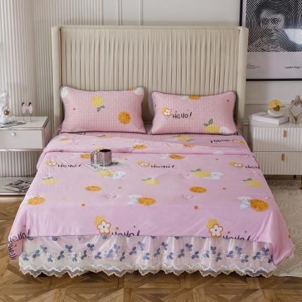 纽缦 2022新款凉感丝乳胶凉席花卉夏被床裙四件套 柠檬熊粉