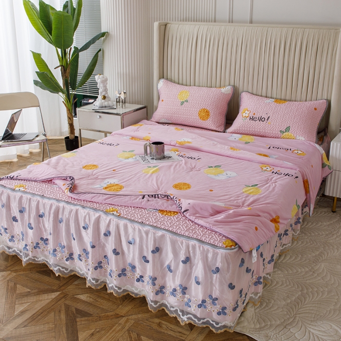91家纺网 家纺一手货源 找家纺 纽缦 2022新款凉感丝乳胶凉席花卉夏被床裙四件套 柠檬熊粉