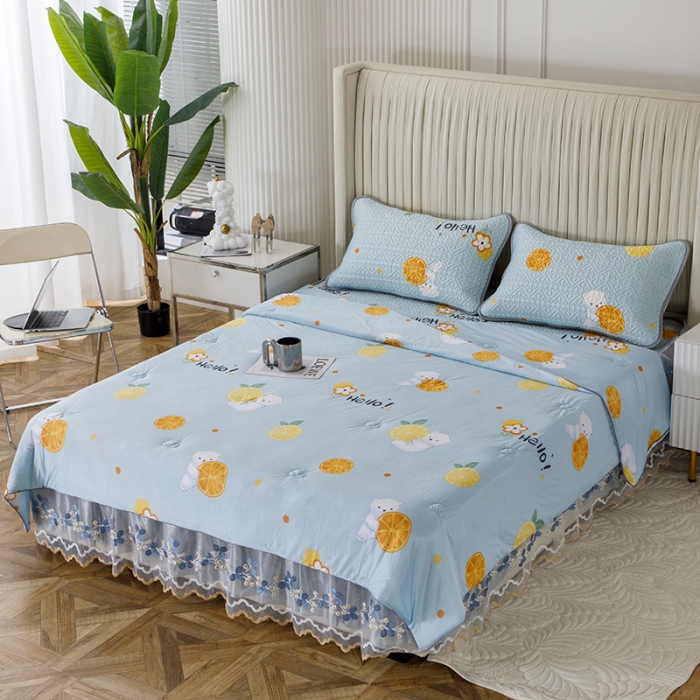 91家纺网 家纺一手货源 找家纺 纽缦 2022新款凉感丝乳胶凉席花卉夏被床裙四件套 柠檬熊蓝