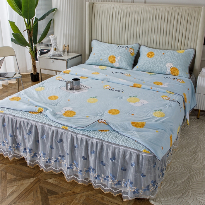 91家纺网 家纺一手货源 找家纺 纽缦 2022新款凉感丝乳胶凉席花卉夏被床裙四件套 柠檬熊蓝