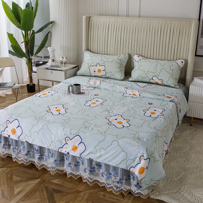 91家纺网 家纺一手货源 找家纺 纽缦 2022新款凉感丝乳胶凉席花卉夏被床裙四件套 心情熊