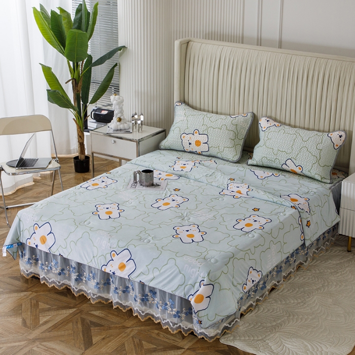 91家纺网 家纺一手货源 找家纺 纽缦 2022新款凉感丝乳胶凉席花卉夏被床裙四件套 心情熊