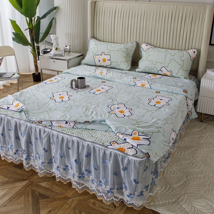 91家纺网 家纺一手货源 找家纺 纽缦 2022新款凉感丝乳胶凉席花卉夏被床裙四件套 心情熊