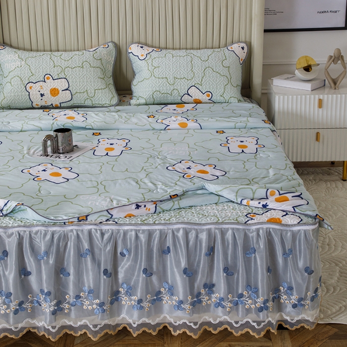 91家纺网 家纺一手货源 找家纺 纽缦 2022新款凉感丝乳胶凉席花卉夏被床裙四件套 心情熊