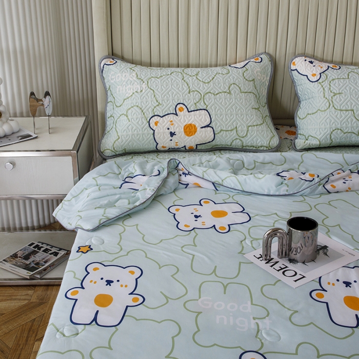 91家纺网 家纺一手货源 找家纺 纽缦 2022新款凉感丝乳胶凉席花卉夏被床裙四件套 心情熊