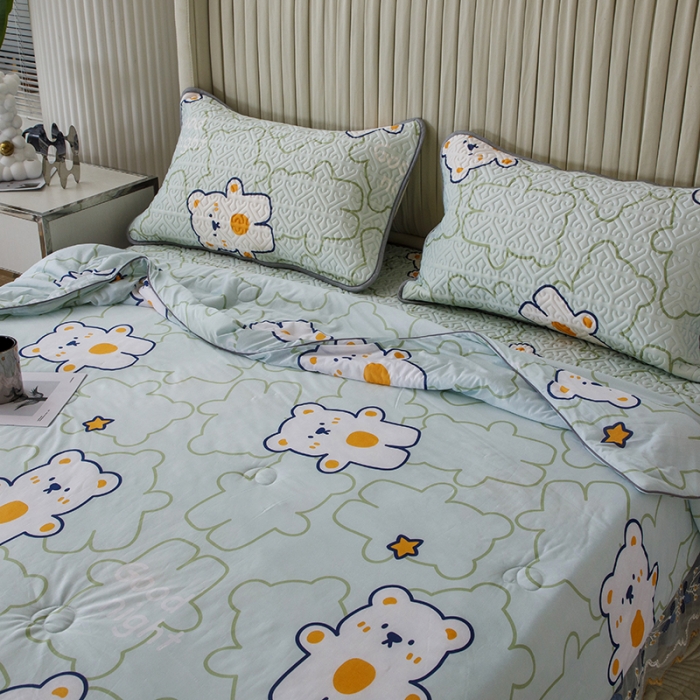 91家纺网 家纺一手货源 找家纺 纽缦 2022新款凉感丝乳胶凉席花卉夏被床裙四件套 心情熊