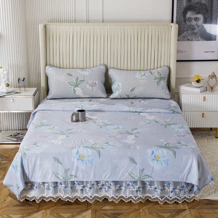 91家纺网 家纺一手货源 找家纺 纽缦 2022新款凉感丝乳胶凉席花卉夏被床裙四件套 馨享花意