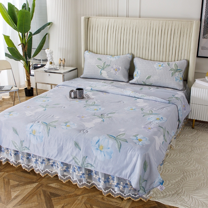 91家纺网 家纺一手货源 找家纺 纽缦 2022新款凉感丝乳胶凉席花卉夏被床裙四件套 馨享花意