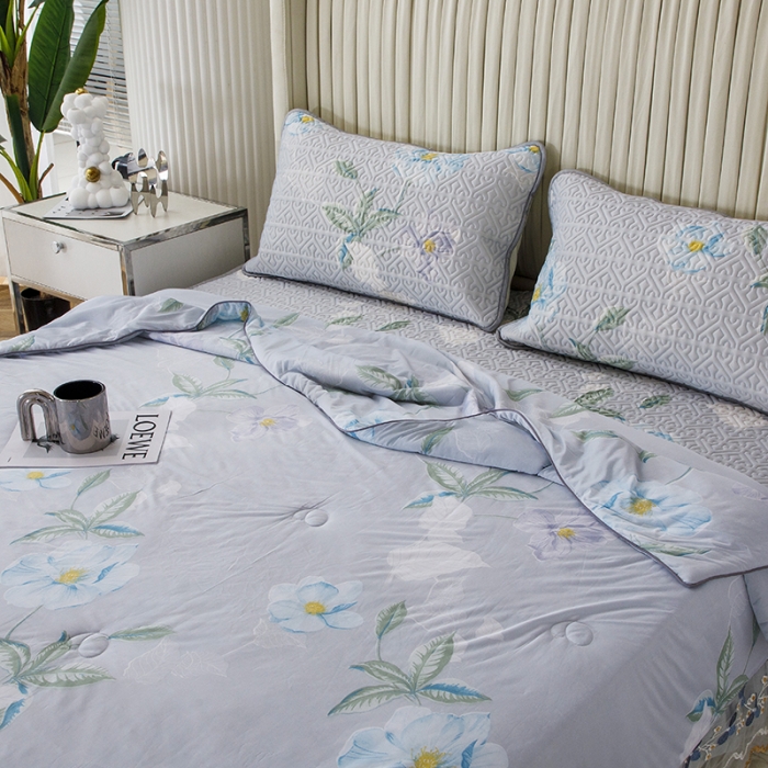 91家纺网 家纺一手货源 找家纺 纽缦 2022新款凉感丝乳胶凉席花卉夏被床裙四件套 馨享花意