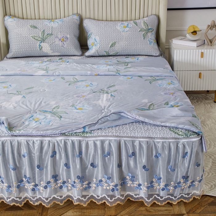 91家纺网 家纺一手货源 找家纺 纽缦 2022新款凉感丝乳胶凉席花卉夏被床裙四件套 馨享花意