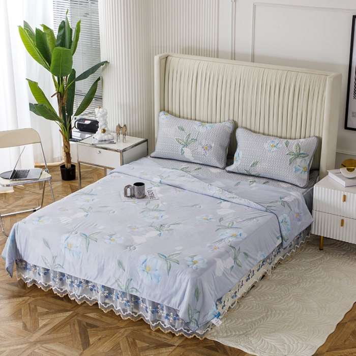 91家纺网 家纺一手货源 找家纺 纽缦 2022新款凉感丝乳胶凉席花卉夏被床裙四件套 馨享花意