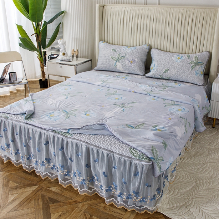 91家纺网 家纺一手货源 找家纺 纽缦 2022新款凉感丝乳胶凉席花卉夏被床裙四件套 馨享花意