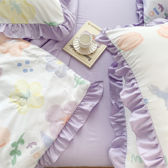 91家纺网 家纺一手货源 找家纺 吾欢心 2024新款茶萃棉韩版花边夏被四件套 爱丽丝