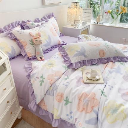 吾欢心 2024新款茶萃棉韩版花边夏被四件套 爱丽丝