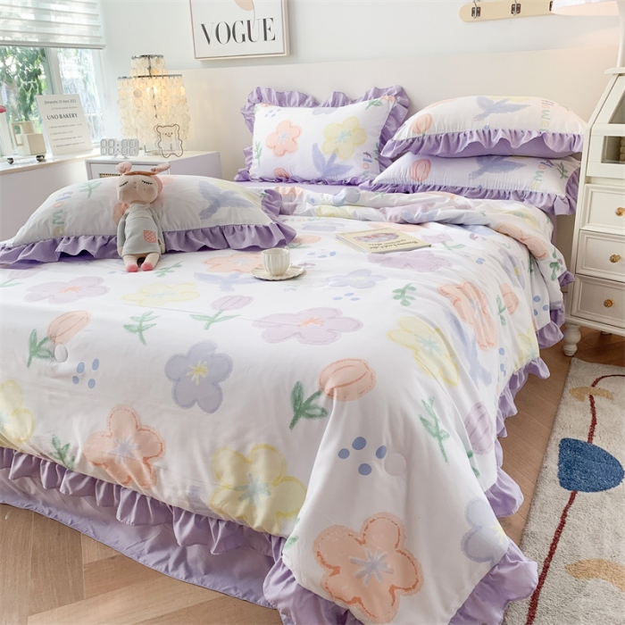 91家纺网 家纺一手货源 找家纺 吾欢心 2024新款茶萃棉韩版花边夏被四件套 爱丽丝