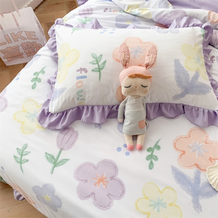 91家纺网 家纺一手货源 找家纺 吾欢心 2024新款茶萃棉韩版花边夏被四件套 爱丽丝