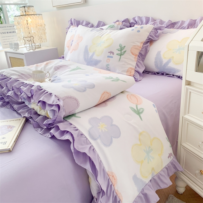 91家纺网 家纺一手货源 找家纺 吾欢心 2024新款茶萃棉韩版花边夏被四件套 爱丽丝