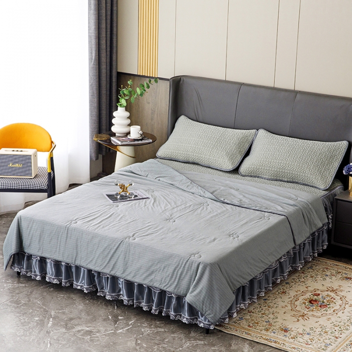 91家纺网 家纺一手货源 找家纺 纽缦2022新款凉感丝乳胶凉席纯色夏被床裙四件套 肌理纹淡绿