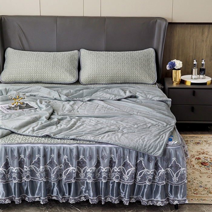 91家纺网 家纺一手货源 找家纺 纽缦2022新款凉感丝乳胶凉席纯色夏被床裙四件套 肌理纹淡绿