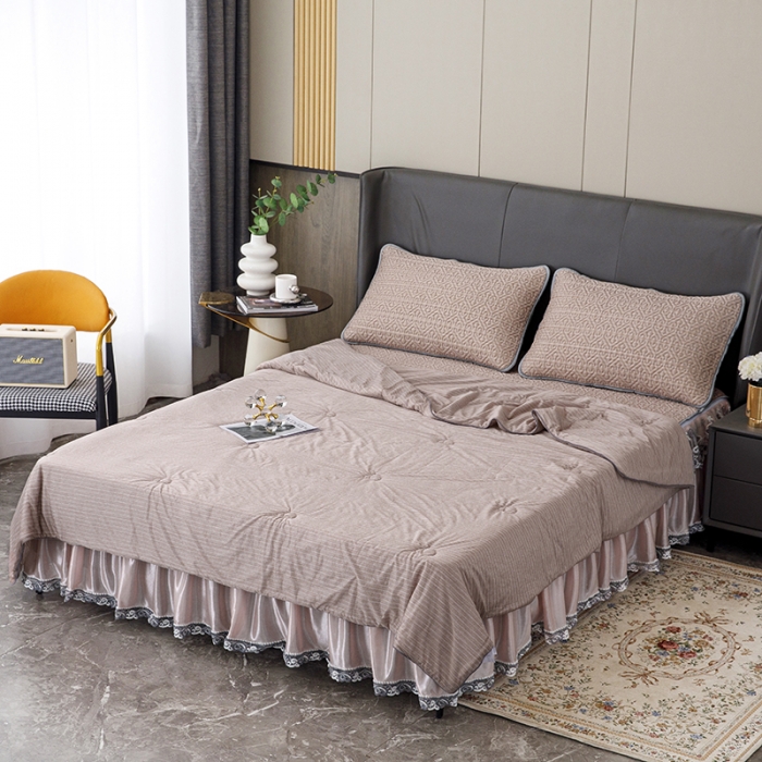 91家纺网 家纺一手货源 找家纺 纽缦2022新款凉感丝乳胶凉席纯色夏被床裙四件套 肌理纹豆沙