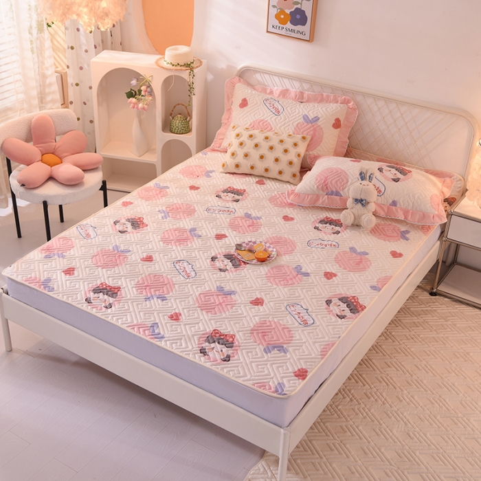 91家纺网 家纺一手货源 找家纺 美达 新款全棉夹棉防滑可机洗床盖床垫床垫直边软席款白桃女孩