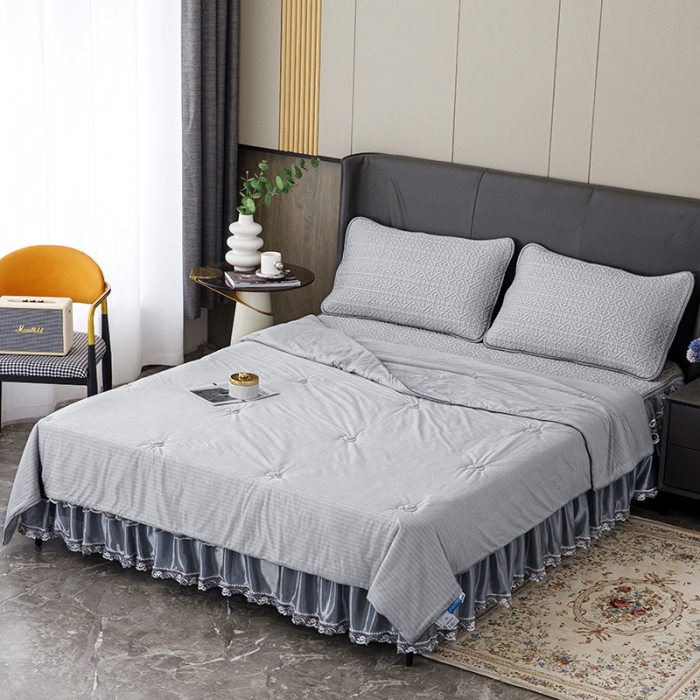 91家纺网 家纺一手货源 找家纺 纽缦2022新款凉感丝乳胶凉席纯色夏被床裙四件套 肌理纹灰色