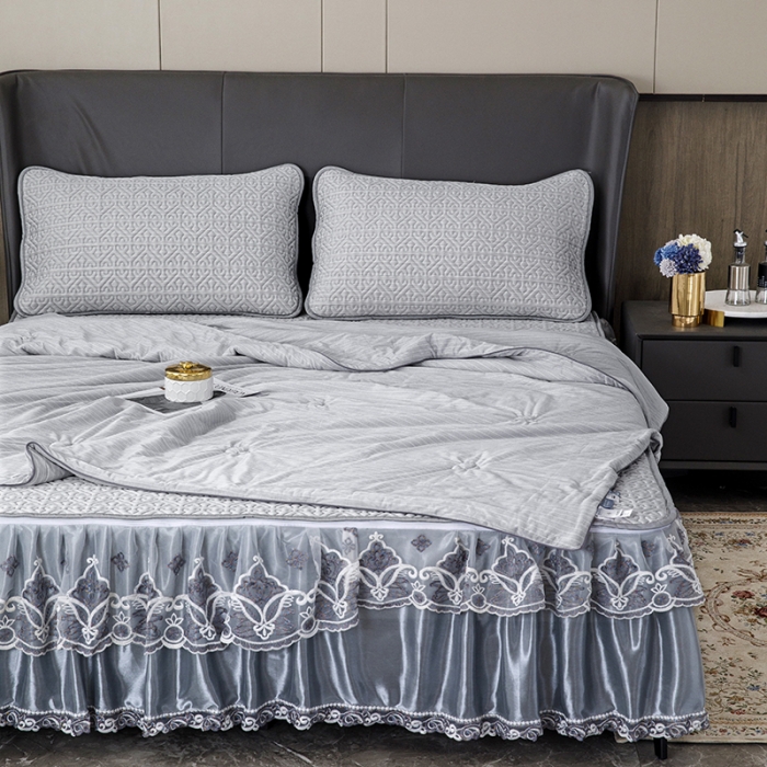 91家纺网 家纺一手货源 找家纺 纽缦2022新款凉感丝乳胶凉席纯色夏被床裙四件套 肌理纹灰色