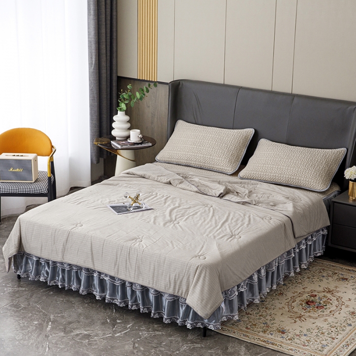 91家纺网 家纺一手货源 找家纺 纽缦2022新款凉感丝乳胶凉席纯色夏被床裙四件套 肌理纹咖色