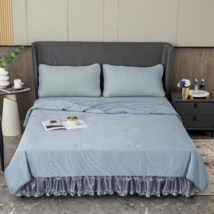 91家纺网 家纺一手货源 找家纺 纽缦2022新款凉感丝乳胶凉席纯色夏被床裙四件套 肌理纹蓝色