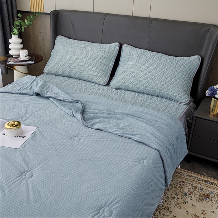 91家纺网 家纺一手货源 找家纺 纽缦2022新款凉感丝乳胶凉席纯色夏被床裙四件套 肌理纹蓝色